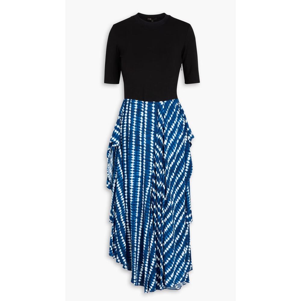 Maje Shirt Dress Blue Tie Dye Asymmetric Skirt Black Jersey Top New
